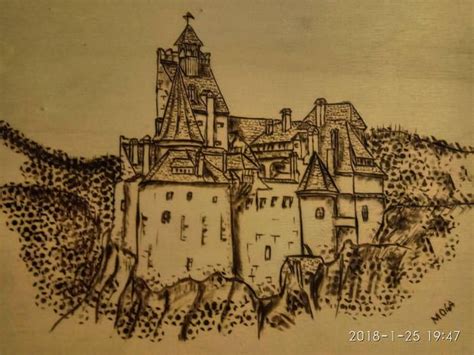 Bran Castle House Of Dracula Pyrographic Art On A4 Wood Plank