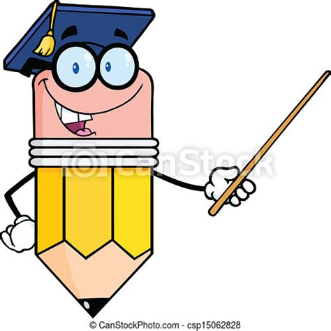 Vector Illustration Of Pencil Teacher With Graduate Hat Smiling