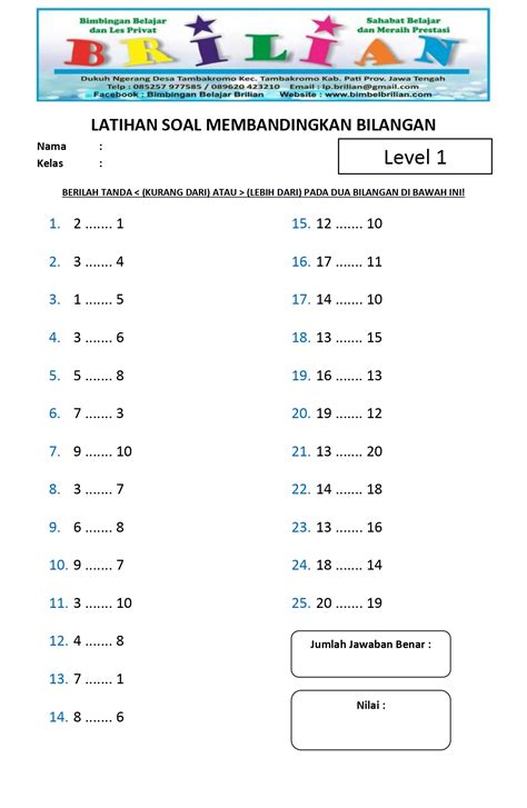 Soal Membandingkan Bilangan Kelas 2 Sd Level 1 Bimbel Brilian
