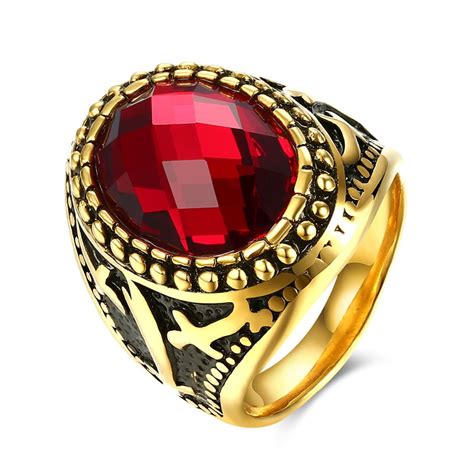 Retro Gothic Cool Male Rings With Red Stone Gold Color Oval Stainless