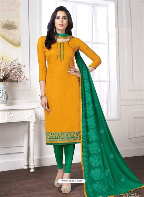 Buy Mustard Cotton Embroidered Churidar Suit Churidar Salwar Suits