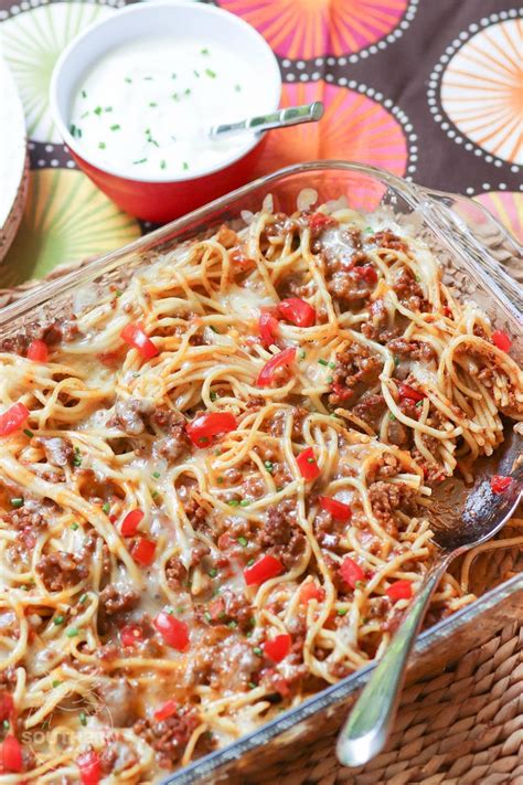Then, stir in taco seasoning, pace chunky salsa, chopped green chiles, and cream of chicken soup and allow to simmer for 5 minutes. Taco Spaghetti Bake is an easy to make casserole made with ...
