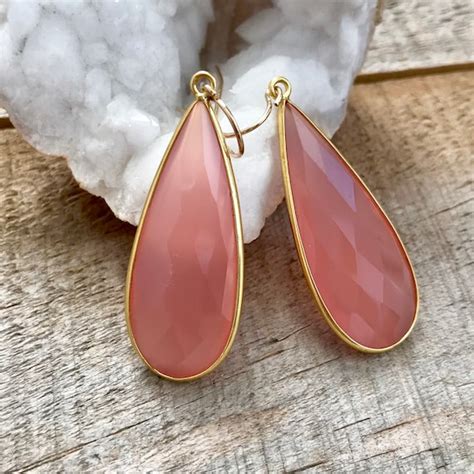 Pink Rose Quartz Earrings Large Gemstone Drop Earrings 18K Etsy