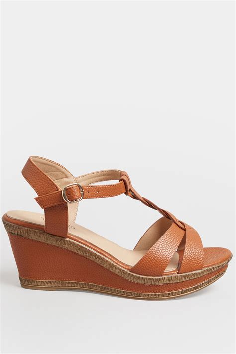 Brown Cross Strap Wedge Heels In Extra Wide Eee Fit Yours Clothing