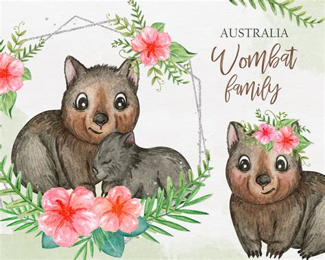 Wombat Clipart Acuarela Madre Y Bebé Wombat Animales Etsy