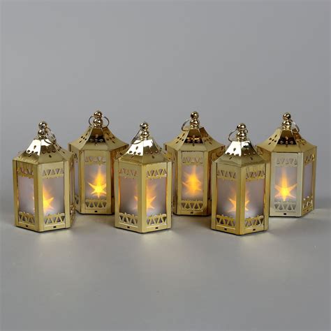 Set Of 6 Gold Mini Holographic Star Battery Operated Lanterns