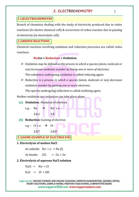 Class 12 Chemistry Notes Chapter 2 Electrochemistry Toppers Cbse