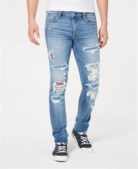 Guess Skinny Fit Stretch Patched Destroyed Jeans In Blue For Men Lyst