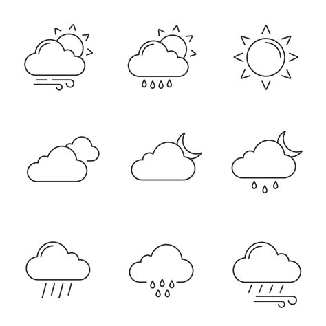 Weather Forecast Linear Icons Set Partly Cloudy And Windy Weather