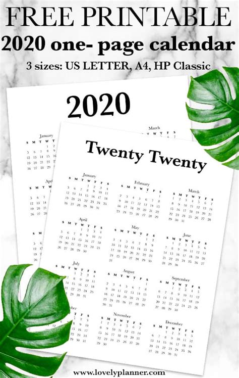 Free 2020 Calendar Printable One Page Lovely Planner