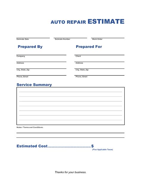 Auto Repair Estimate Template Invoice Maker