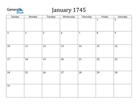 January 1745 Calendar Pdf Word Excel