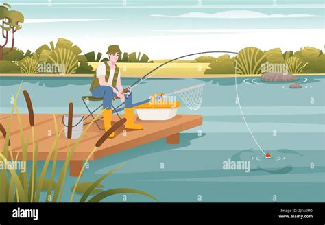 Fisherman Sits On Wooden Pier And Fishing With Rod Vector Illustration