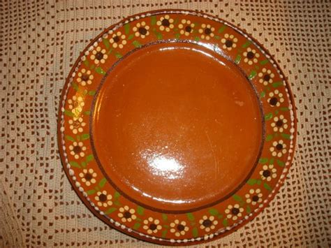 Vintage Mexican Pottery Red Clay Ware Plate Coupe Yellow Flower 8 34