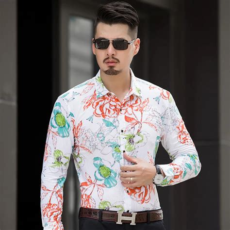 New Arrival Mens Floral Shirts Autumn Male Fashion Flowers Printed