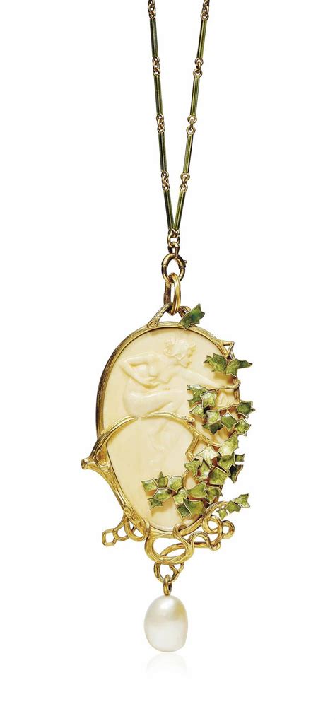 An Art Nouveau Galalith Enamel And Pearl Pendent Necklace By RenÉ