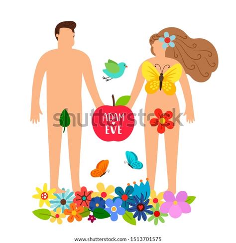 Adam And Eve Bible Genesis Illustration With Naked Woman Man Flowers And Apple Adam And Eve