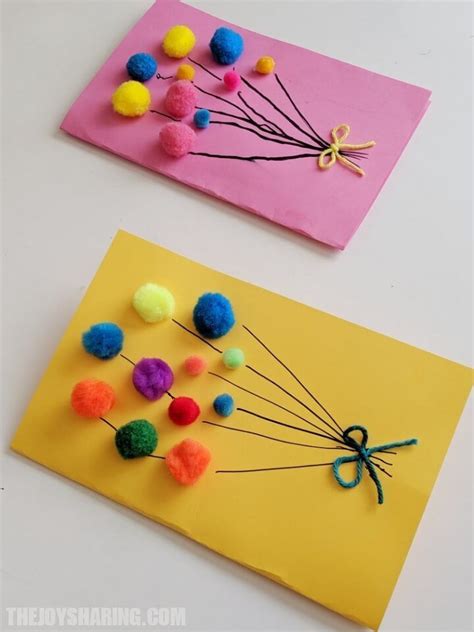 Here is an easy mother's day card making idea, which is a wonderful way to show how much your mom means to you. Pom Pom Balloons Birthday Card for Kids #thejoyofsharing # ...