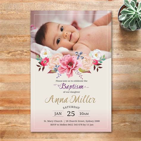 Personalised Baptism Christening Invitation Invite Floral With Photo