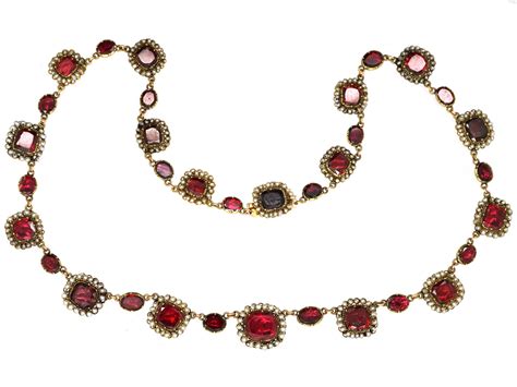 Georgian 9ct Gold Flat Cut Garnet Natural Seed Pearls Necklace The