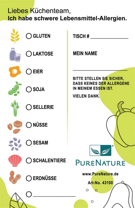 Purenature Allergiekarte Fürs Restaurant Bei Allergie In Sprache De