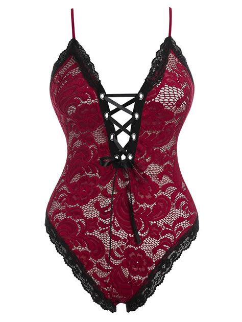 [23 off] 2021 plus size lace up lingerie teddy in red wine dresslily