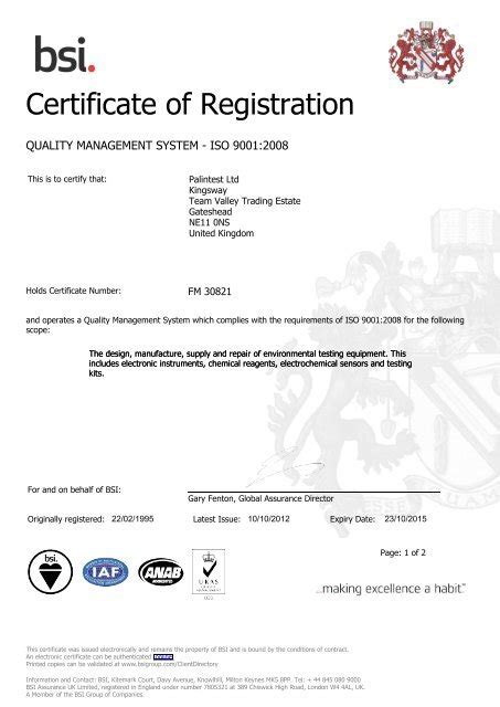 Bsi Iso 9001 Certificate Pdf Palintest