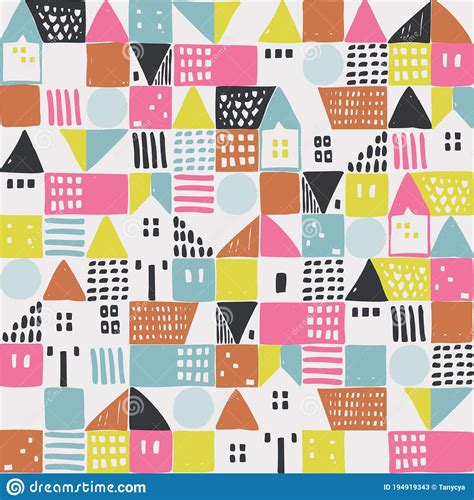 Geometric Houses And Hand Drawn Textured Shapes Seamless Pattern