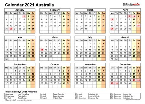 Printable Yearly Calendar 2021 Australia