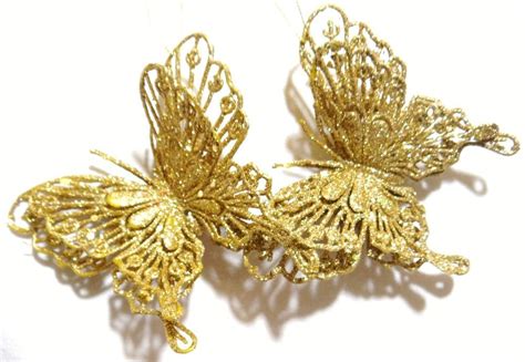 2 Pc Large 5 Gold Glitter Butterfly Flower Clip On Hanging Christmas