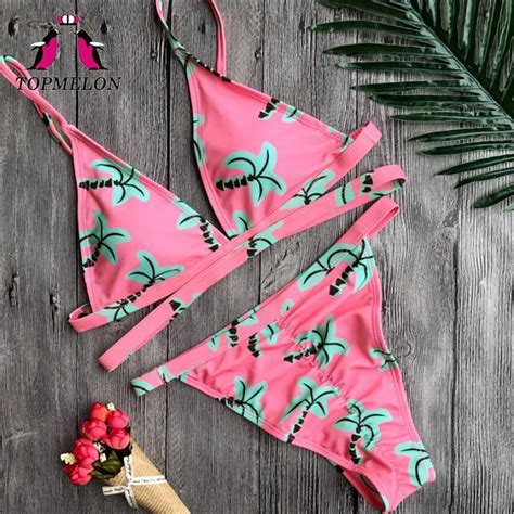 Topmelon 2017 Bikini Swimwear Women Floral Pink Push Up Bandage Bikini