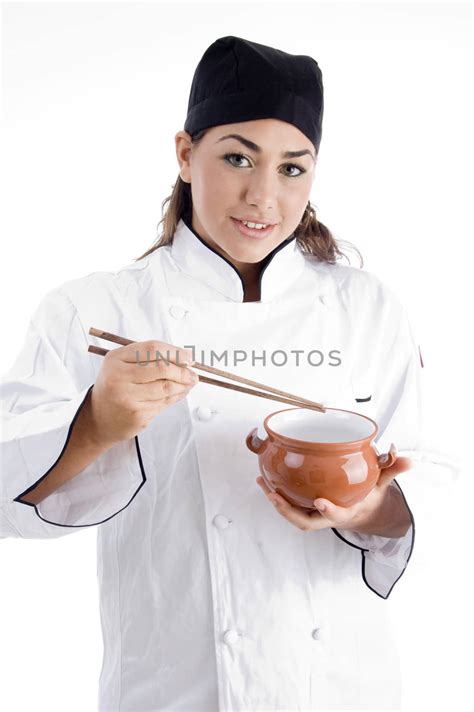 Beautiful Female Chef Posing With Chopstick And Bowl Royalty Free Stock