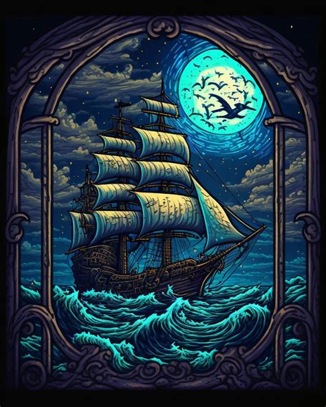 A Ship Sailing In The Ocean Under A Full Moon