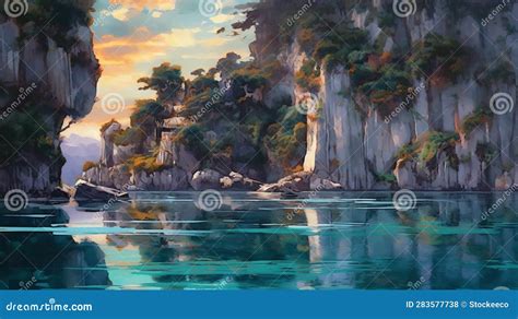 Impressionistic Anime Art: Serene Faces in a Lively Coastal Landscape