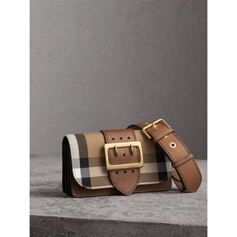 Burberry Small Buckle House Check And Leather Shoulder Bag In Tan