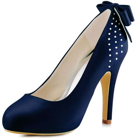 Ep11034 Navy Blue Closed Toe High Heel Pumps Bowknot Satin Wedding Party Shoes Stilettos