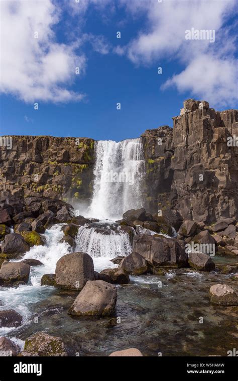 Pingvellir National Park Iceland Oxararfoss Waterfall Stock Photo