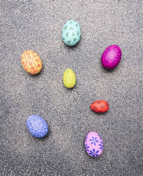 Bright Colorful Painted Eggs For Easter Laid Out In A