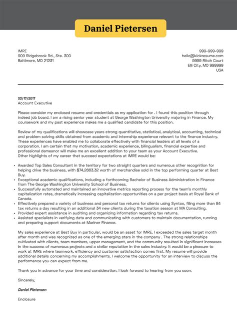 Internship or employment experience in sales, marketing, account management or other roles that require direct customer interaction. Senior Sales Account Executive Cover Letter | Mt Home Arts