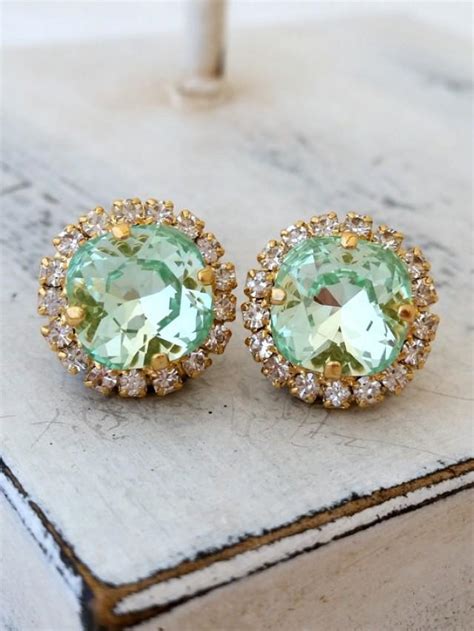 Mint Crystal Earrings Mint Crystal Studs Clear Mint Green Swarovski