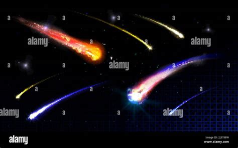 Star Shooting Comets In Starry Sky Or Deep Space Falling With Fire