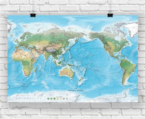 Pacific Centered Natural World Physical Wall Map Large World