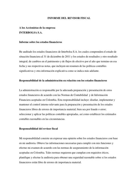 Informe Del Revisor Fiscal Pdf Auditoría Estado Financiero