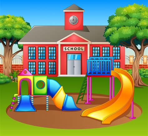 Juegos de patio con instrucciones y materiales. Área de juegos infantiles en frente del patio de la ...
