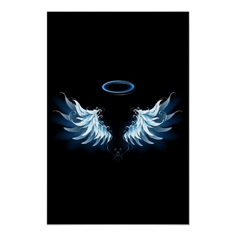 Blue Glowing Angel Wings On Black Background Poster Zazzle