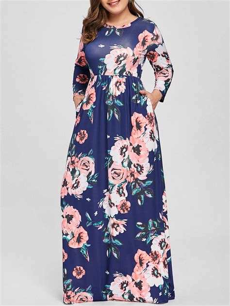 Off Plus Size Floral Long Sleeve Maxi Dress In Blue Dresslily
