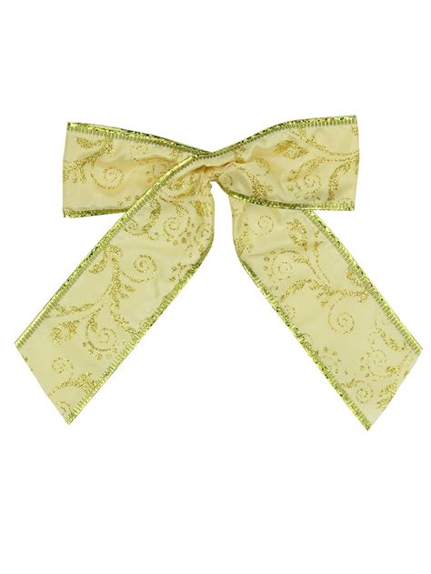Gold christmas gift wrapping ribbons & bows. Gold Fabric With Gold Glitter Pattern Fabric Bows - 6 X 15cm | Christmas Decorations | Buy ...
