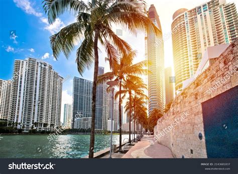 Miami Waterfront Walkway Skyline Sunset View Stock Photo 2143681837