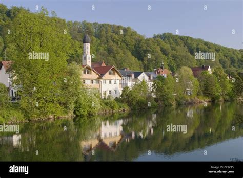 Loisach River And Church Of St Andreas Wolfratshausen Germany Stock