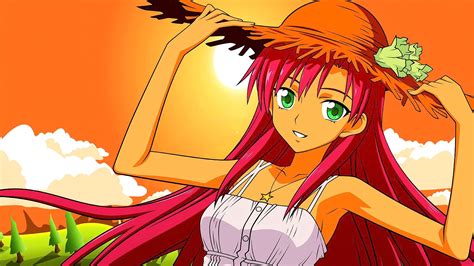Wallpaper Illustration Redhead Long Hair Anime Girls Looking At Viewer Sky Hat Green
